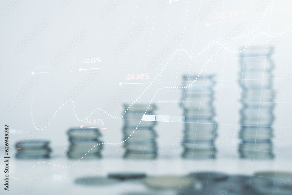 Poster Multi exposure of abstract statistics data hologram interface on growing coins stacks background, computing and analytics concept