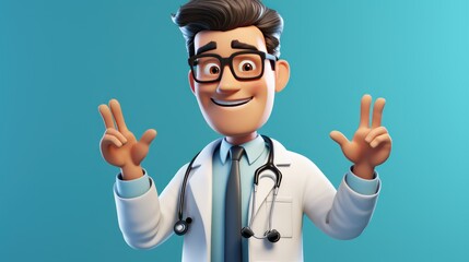 Cartoon Character Smart Trustworthy Doctor, Professional Caucasian Male Specialist. Medical Clip Art Isolated On a Turquoise  Background with a Copy Space. Made With Generative AI.