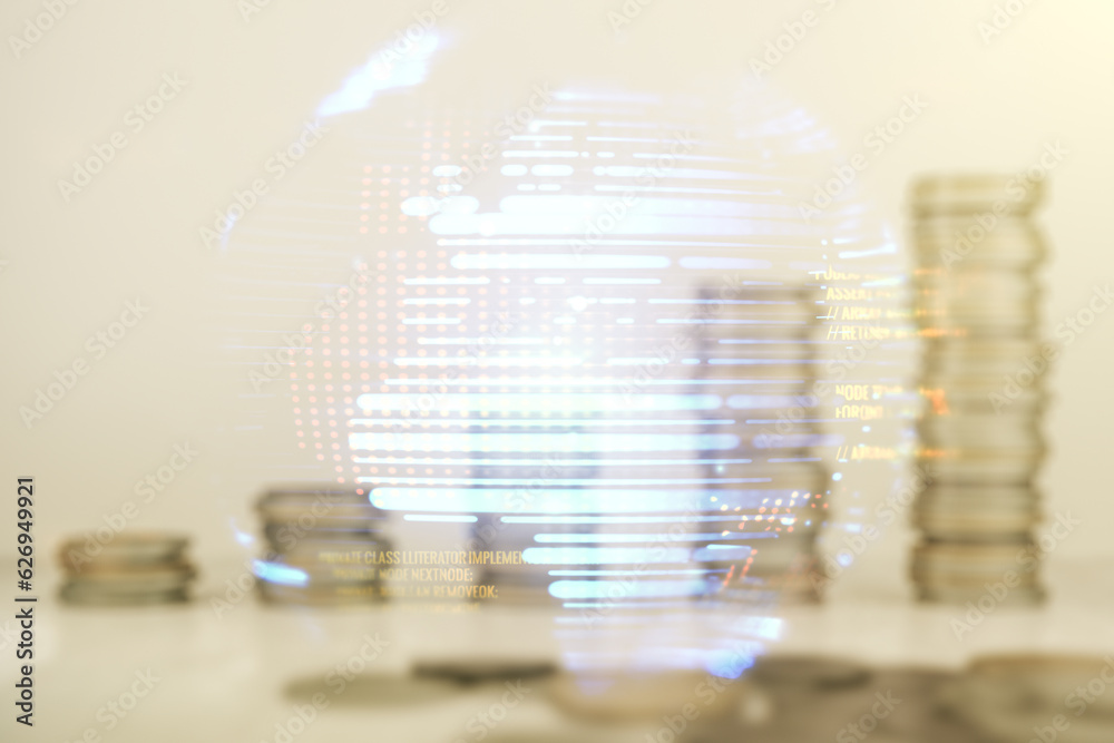 Poster abstract virtual coding concept and world map hologram on stacks of coins background. multiexposure