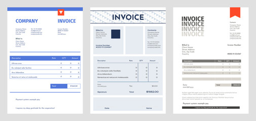 Business invoice. Blank accounting bill with total price, method of payment and date. Vector invoice template. Document with expenses calculation for client, bookkeeping or paperwork concept