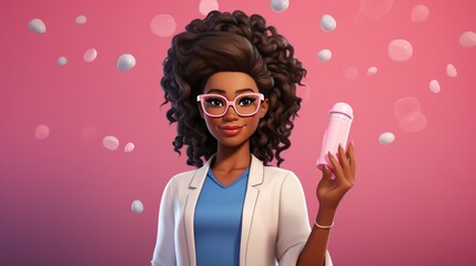 Cartoon Character Smart Trustworthy African Doctor, Professional African Female Specialist. Medical Clip Art Isolated On a pink Background with a Copy Space. Made With Generative AI.