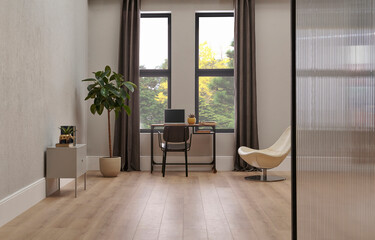 Modern room concept with chair, table, desk, fireplace and home object, room concept, window view garden and city style.