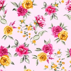 Watercolor flowers pattern, pink and yellow tropical elements, green leaves, pink background, seamless