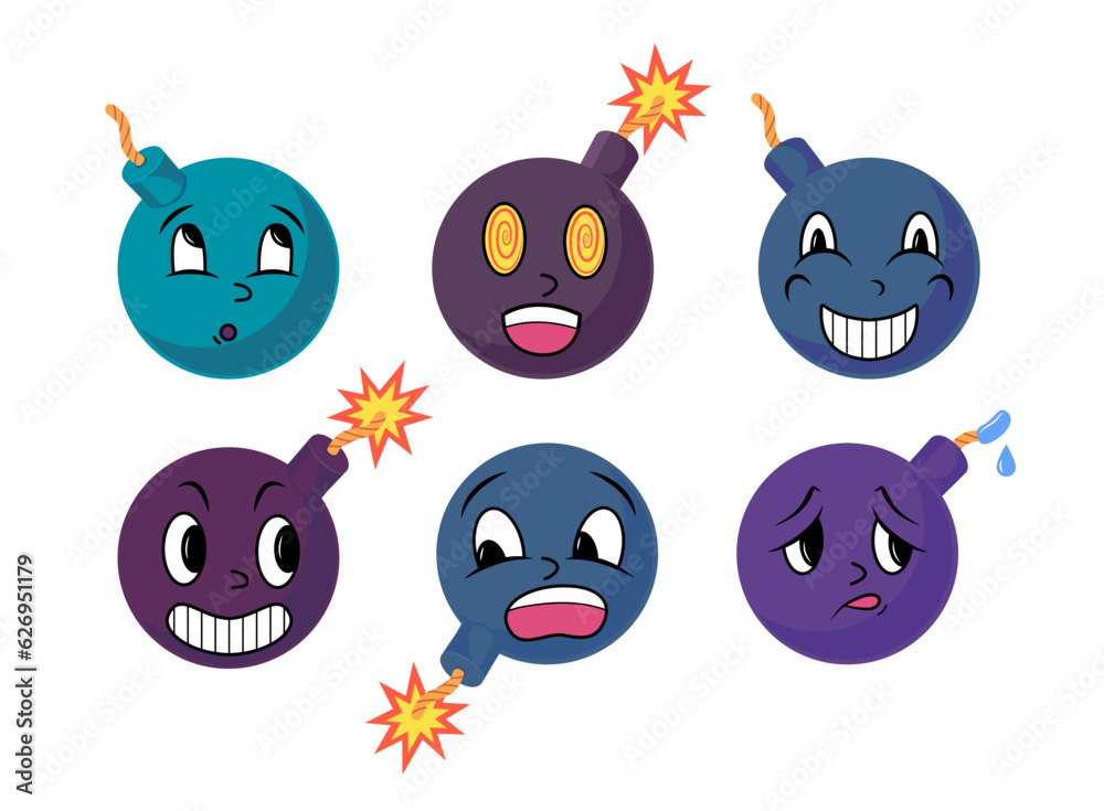 Sticker Cartoon Color Bomb Character Doodle Icon Set Concept Flat Design Style. Vector illustration of Weapon Mascot