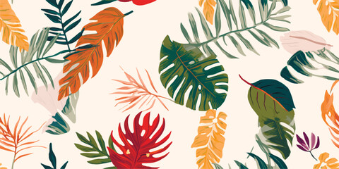 Modern exotic jungle plants illustration pattern. Creative collage contemporary floral seamless pattern. Fashionable template for design