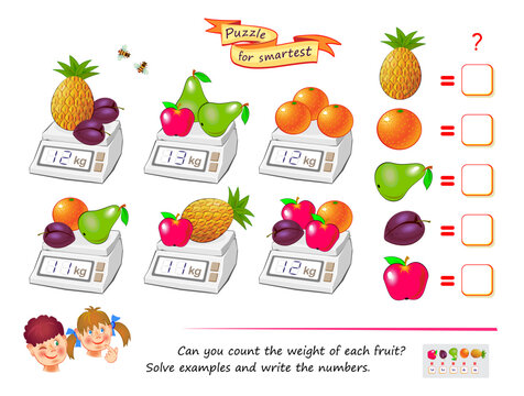 Mathematical logic puzzle game for smartest. Can you count the weight of each fruit? Solve examples and write the numbers. Find solution for all objects. Brain teaser book. Vector cartoon image.