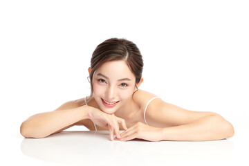 Fototapeta premium Beautiful young asian woman with clean fresh skin on white background, Face care, Facial treatment, Cosmetology, beauty and spa, Asian women portrait.