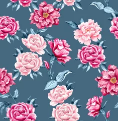 Deurstickers Watercolor flowers pattern, pink tropical elements, blue leaves, blue background, seamless © Leticia Back