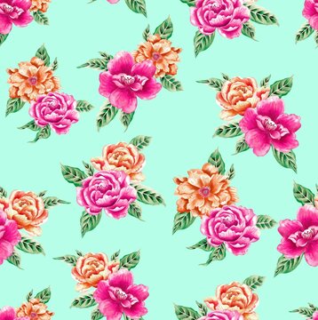 Watercolor flowers pattern, pink and yellow tropical elements, green leaves, green background, seamless