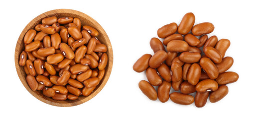brown kidney bean in wooden bowl isolated on white background. Top view. Flat lay