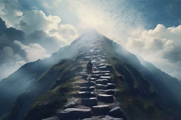 Foto auf Acrylglas Himalaya Hiker climb up mountain