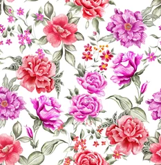 Fotobehang Watercolor flowers pattern, red and purple tropical elements, green leaves, white background, seamless © Leticia Back