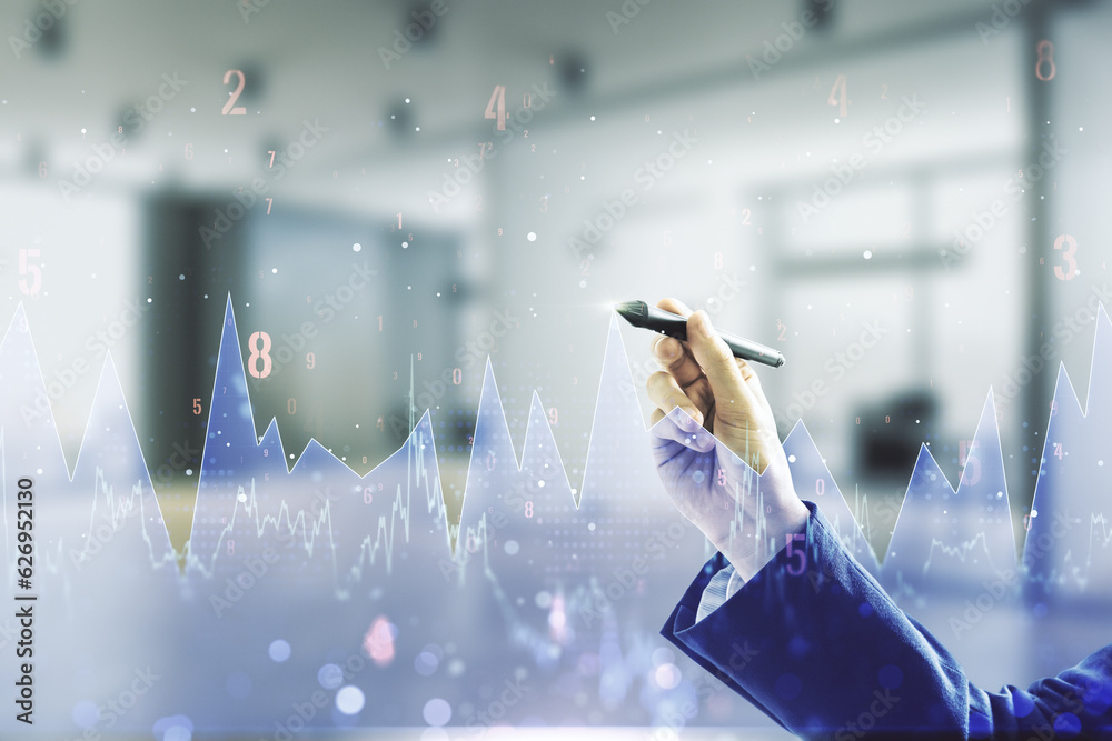Poster man hand with pen working with abstract virtual analytics data spreadsheet on blurred office backgro