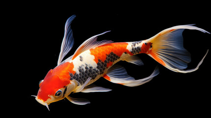 Koi fish isolated on a black background, closeup of photo.