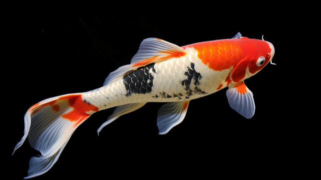 Koi fish isolated on a black background, closeup of photo.