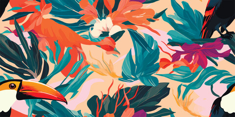Modern exotic jungle plants illustration pattern with toucan bird. Creative collage contemporary floral seamless pattern. Fashionable template for design © Eli Berr