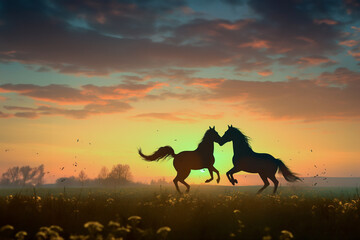 Two joyful horses are silhouetted against a vibrant backdrop, their spirit only enhanced by the beauty of the blooming flowers 