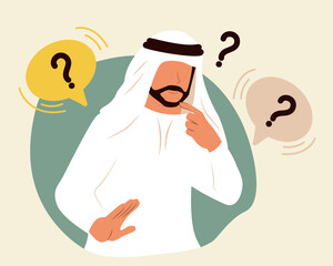 Make Choice, Decision Concept. Puzzled Arab muslim Business Man Setting Priorities, Doubting, Deciding. Questioned Employee Thinking, Analysing Options. Flat vector illustration 