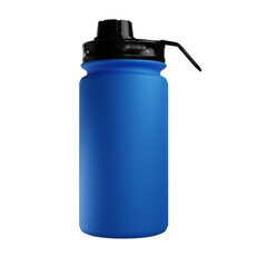 Blue Aluminum reusable water bottle isolated on a white background, selective focus.