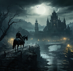 a knight in the horse seeing the castle in the night behind the bridge at night - obrazy, fototapety, plakaty