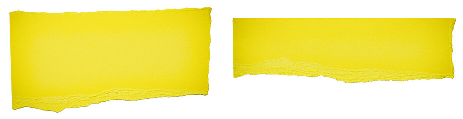 Set of yellow isolated cut out rectangular torn blank paper strips or labels on white or...
