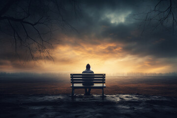 silhouette of lonely person sitting on a bench