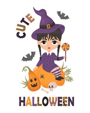 Cute Halloween Postcard. Witch girl with braids in hat with lollipop, pumpkin jack o lantern, skull and bats. Vector illustration in cartoon style. holiday fantasy female character, kids collection.