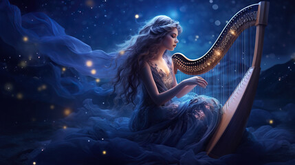 Girl playing harp on a floating platform among constellations. Her dress is decorated with celestial patterns. 