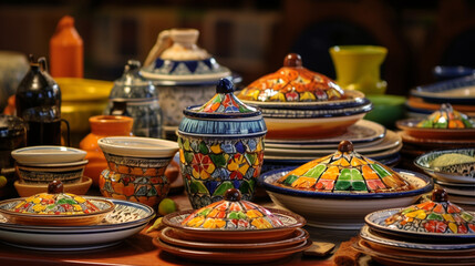 A captivating collection of Moroccan tagines and colorful ceramic bowls, capturing the essence of North African cuisine Generative AI