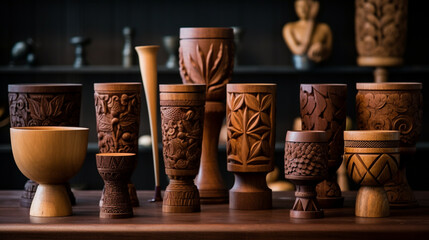 Fototapeta na wymiar A beautiful assortment of Thai carved wooden pestle and mortars, symbolizing the essence of Thai cuisine Generative AI