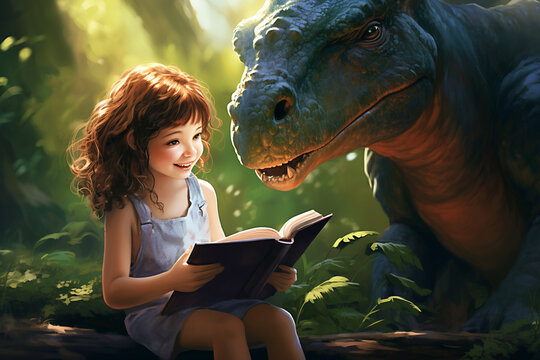 Illustration of a little girl reading a storybook with a dinosaur. (AR 3:2)