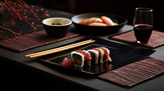 An enchanting arrangement of Japanese bamboo sushi rolling mats and lacquered chopsticks, reflecting the elegance of Japanese dining Generative AI