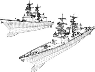 Vector sketch illustration of a battleship full of weapons