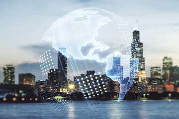 Obraz premium Double exposure of digital map of North America hologram on Chicago city skyscrapers background, research and strategy concept