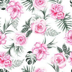 Watercolor flowers pattern, pink roses, green leaves, white background, seamless