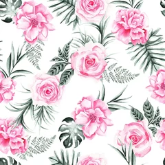 Sierkussen Watercolor flowers pattern, pink roses, green leaves, white background, seamless © Leticia Back