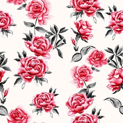 Watercolor flowers pattern, red tropical elements, gray leaves, white background, seamless