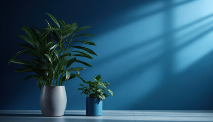 plant in the pot in  a blue room