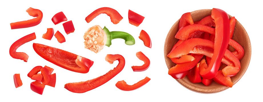 slices of red sweet bell pepper isolated on white background. Top view. Flat lay