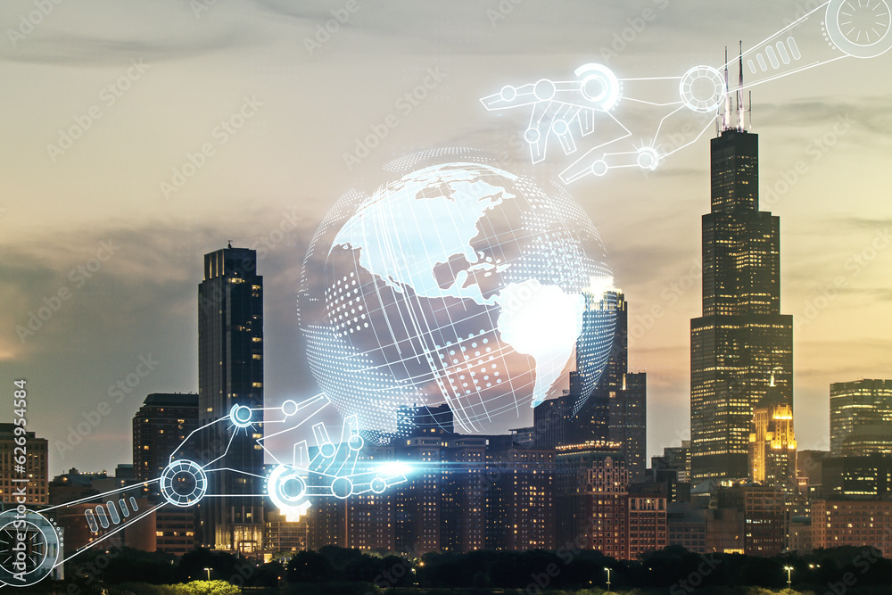 Aufkleber abstract virtual robotics technology hologram with globe sketch on chicago skyline background. robot