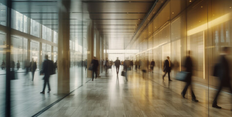 Dynamic office scene showing blurred business professionals bustling around a corporate building, embodying the fast-paced rhythm of corporate life. Generative AI.