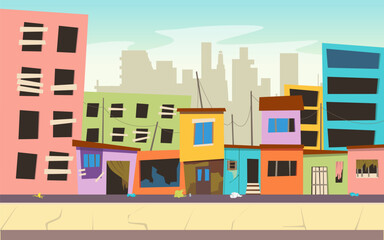 Cartoon Color Ghetto Street with Pour Dirty Houses Landscape Scene Poverty Concept. Vector illustration of Slum