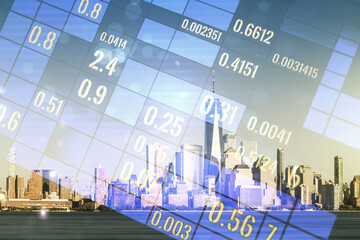 Double exposure of abstract virtual statistics data hologram on New York city skyscrapers background, statistics and analytics concept