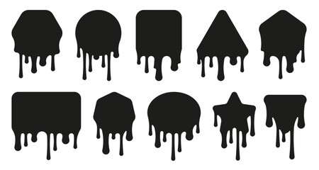 Black dripping shapes. Abstract black oil drops and splashes, simple abstract stain and flow of liquid. Vector chocolate syrup and oil splashes collection. Different shapes with leaking ink
