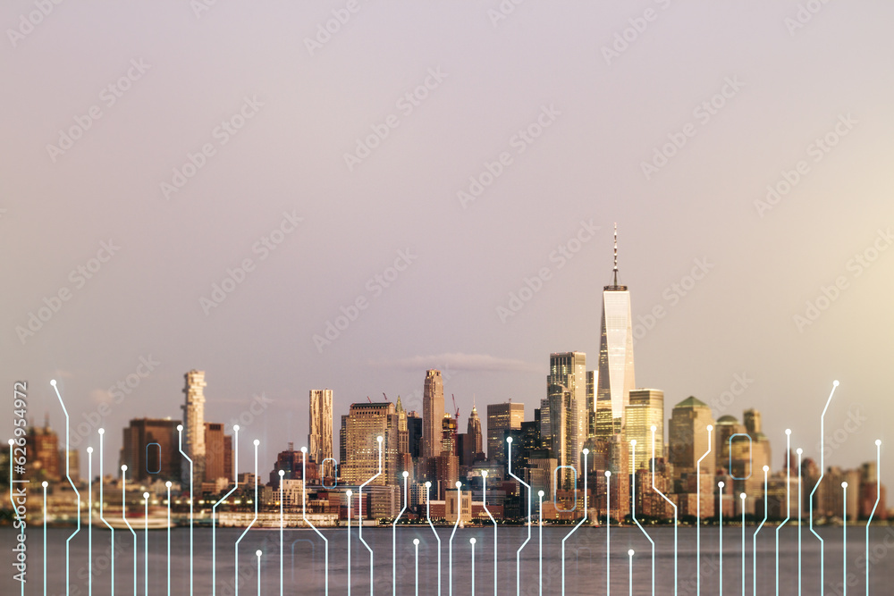 Aufkleber abstract virtual micro circuit sketch on manhattan office buildings background, future technology an