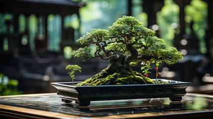 Schilderijen op glas bonsai tree in a garden © samarpit