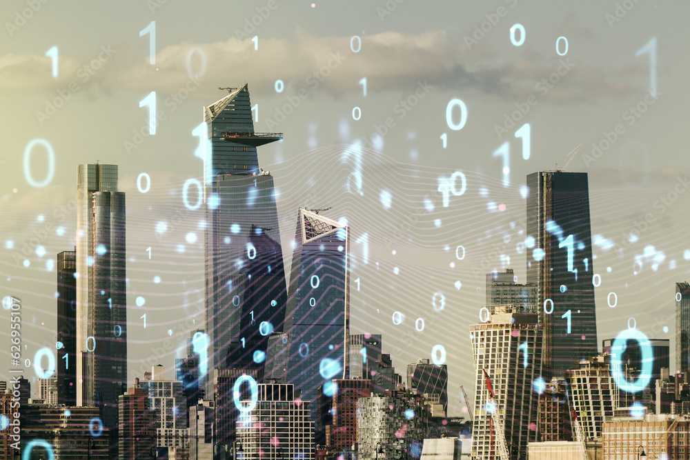 Poster abstract virtual binary code hologram on new york cityscape background, ai and machine learning conc