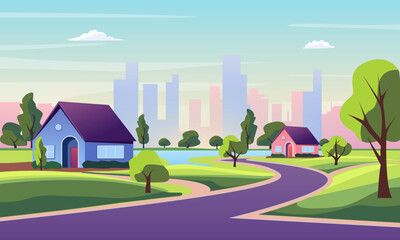 Cartoon Color Suburb District Houses Landscape Scene Concept Flat Design Style. Vector illustration of Suburban Architecture