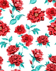 Foto op Plexiglas Watercolor flowers pattern, red roses, green leaves, white background, seamless © Leticia Back
