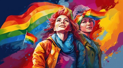 Fototapeta premium LGBTQ+, youth living freely concept. Two girls in rainbow colors illustration, Generative AI.